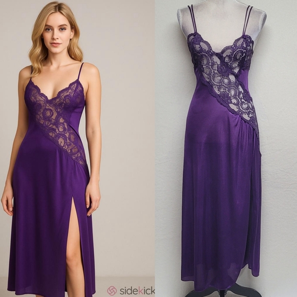Frederick's Of Hollywood Vintage Purple Satin Sheer Lace Hip Slit Slip Dress L